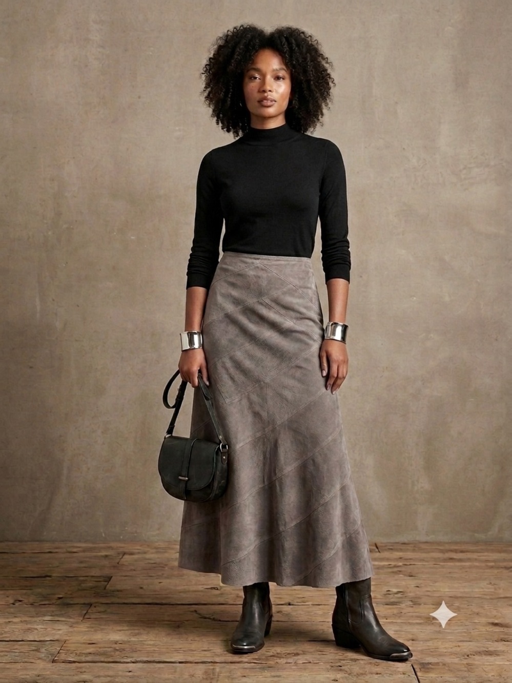 VTG Cami Suede 100% Leather Patchwork Maxi Skirt Gray Taupe A-Line Flare | 14